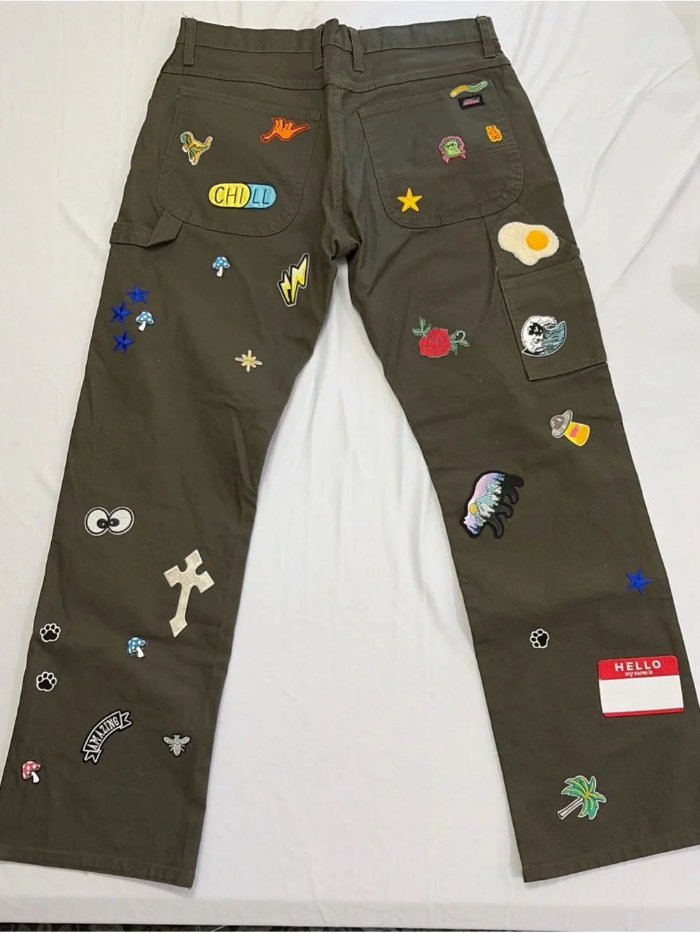 Dickies Olive Green Work Pants with Colorful Embroidered Patches